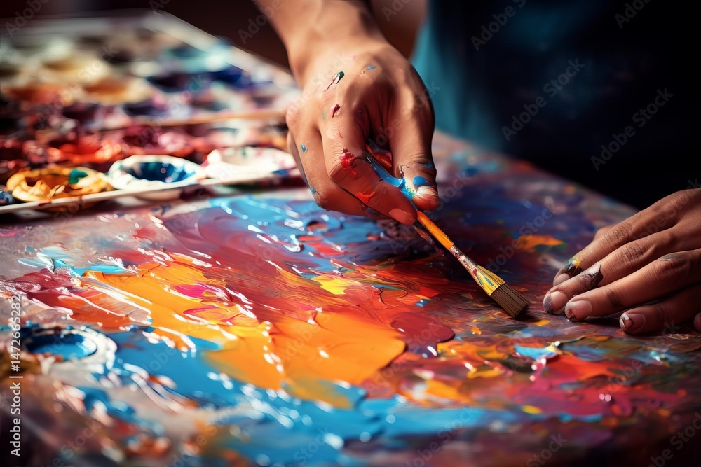 Naklejka premium Close-up of hands painting on a surface with bright, mixed paints. A paint palette sits to the left, and a brush is held in one hand.
