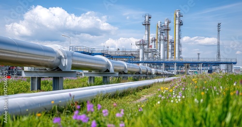 Industrial pipeline and refinery in a grassy field.