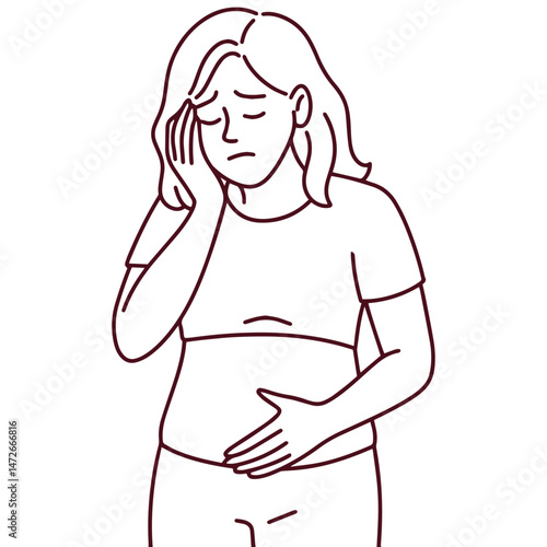 Black and white linear sketch of sad woman touching vertical cesarean section scar, expressing postpartum depression, struggle with body image and healing
