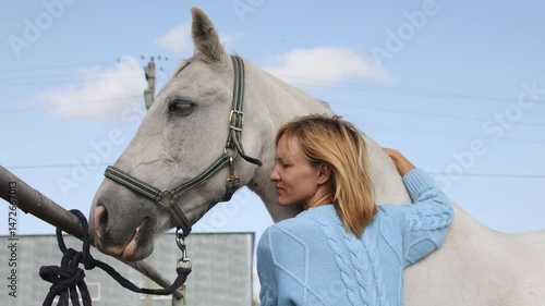 Female farmer cleaning her horse with brush. Horse grooming and animal health care concept. High quality 4k footage