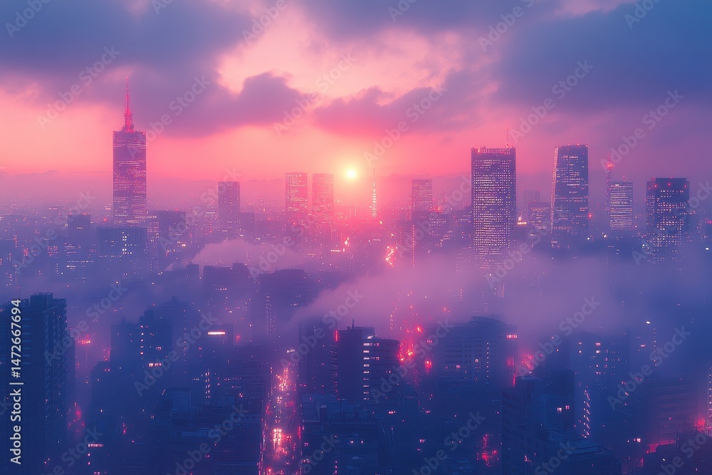 Fototapeta premium City skyline at dusk with vibrant colors reflecting off buildings and fog in the air