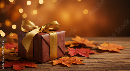Fototapeta Naklejka Na Ścianę i Meble -  Festive autumn gift box surrounded by colorful leaves in warm light on a wooden table creating a cozy atmosphere for celebration