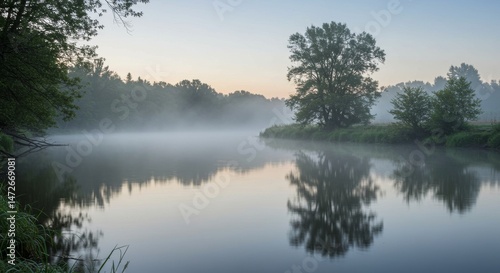 Sunrise Over Misty River with Reflections of Trees and Soft Fog