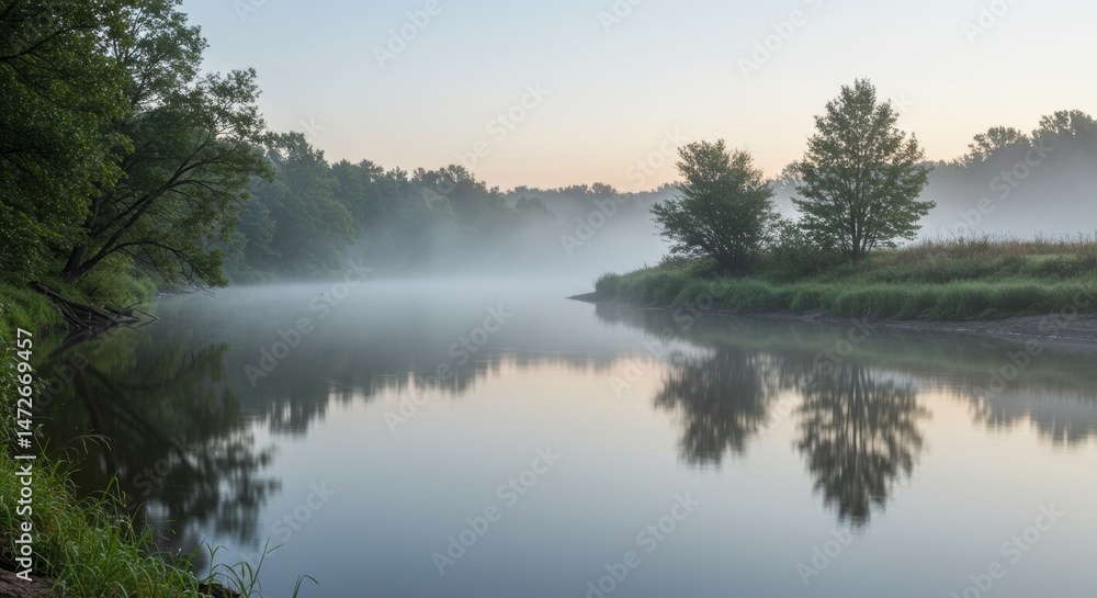 Fototapeta premium Sunrise Over Misty River with Reflections of Trees and Soft Fog