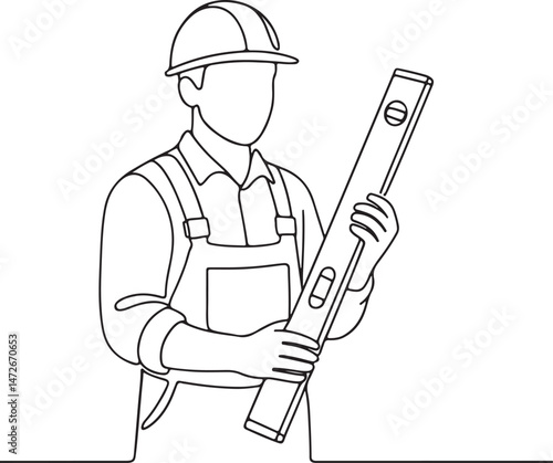 Builder in Uniform with Measuring Tool Line Art