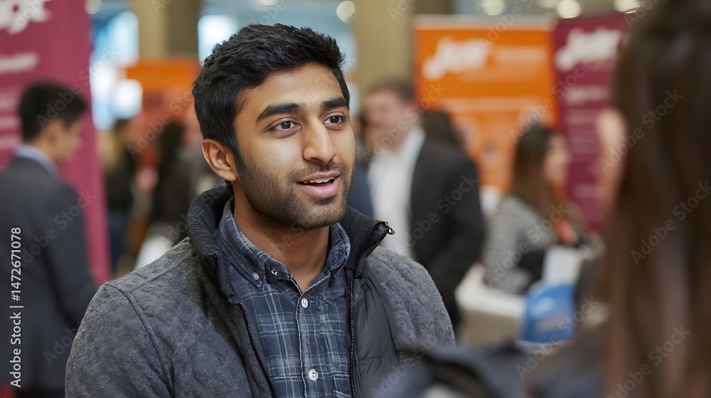 Fototapeta premium Indian student at networking career fair with booths in background 