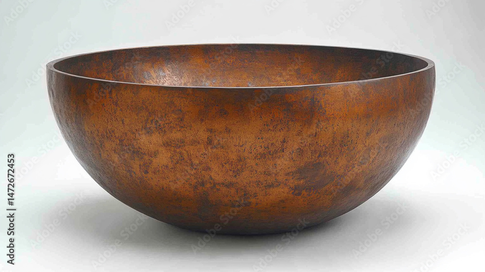 A rustic metal pan bowl, showcasing its worn texture and rustic charm. The weathered metal surface adds a vintage, industrial feel, perfect for emphasizing natural, rustic aesthetics or culinary theme A rustic metal pan bowl, showcasing its worn texture and rustic charm. The weathered metal surface adds a vintage, industrial feel, perfect for emphasizing natural, rustic aesthetics or culinary theme
