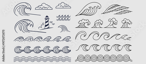 various wave water lake river logo vector illustration, bundle set collection package design. Abstract Line Art Elements, Symbols, Nature, Flow, Energy, Design