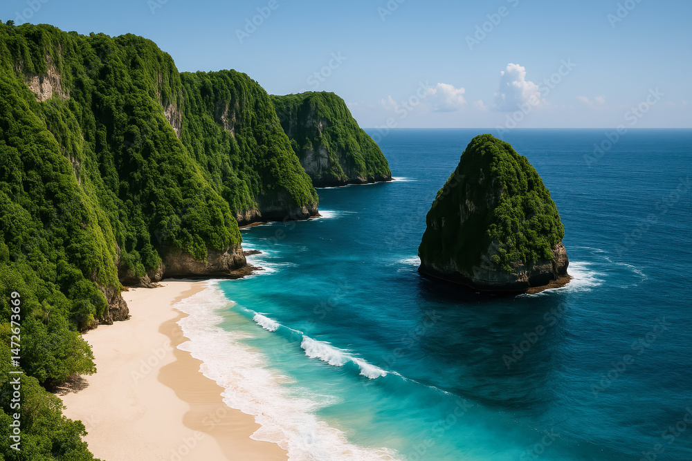 Obraz premium Tropical beach with clear blue water and lush cliffs offers serene escape and natural travel destination paradise