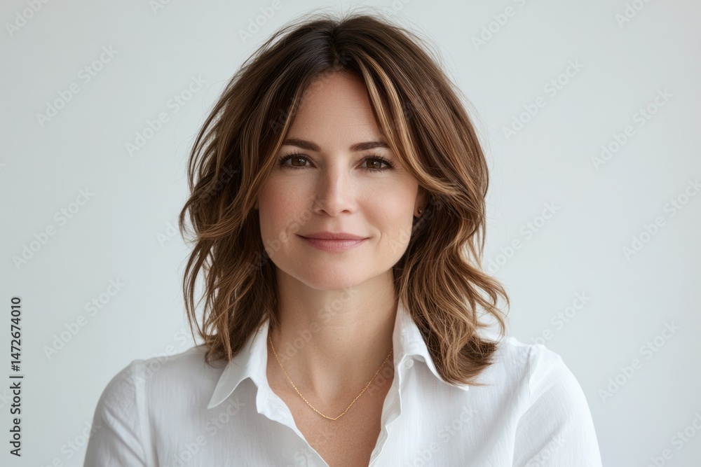 A woman with shoulder-length brown hair, wearing a white shirt, smiles gently at the camera. A woman with shoulder-length brown hair, wearing a white shirt, smiles gently at the camera.