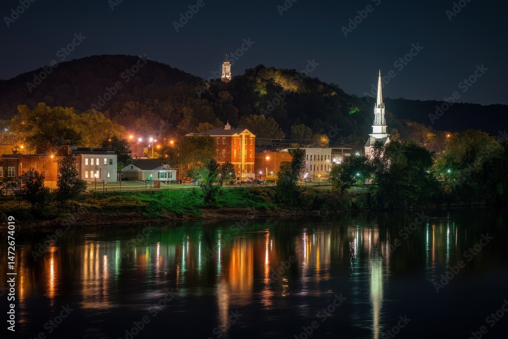 Fototapeta premium Frankfort, Kentucky: Nighttime Skyline Reflection on the Appalachian River with Rolling Hills and Historic Church
