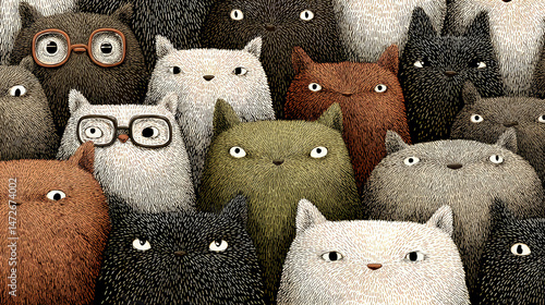 A hyper-detailed 3D rendering of a whimsical “Where’s Waldo?” scene made entirely of cats. Generative AI