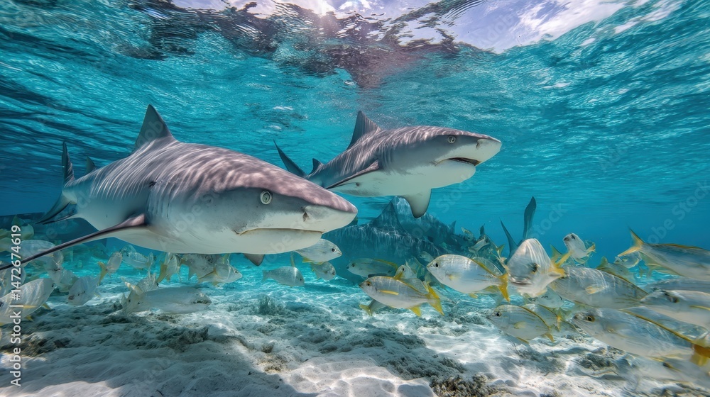 Fototapeta premium Lemon Sharks Gliding Through Crystal Clear Waters at Tiger Beach, Bahamas - A Breathtaking Underwater Encounter