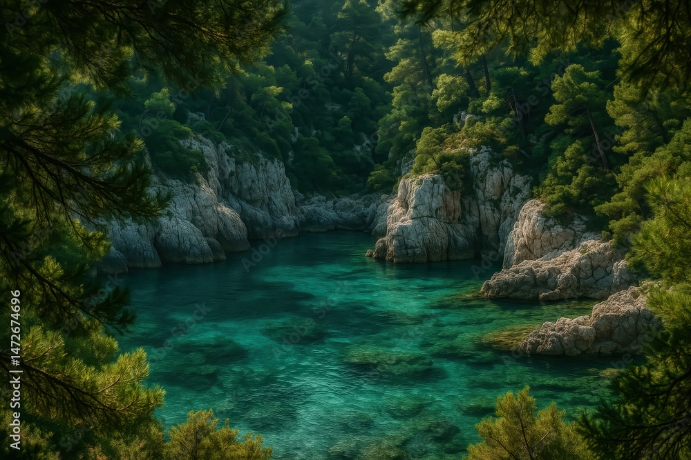 Fototapeta premium Turquoise waters shimmer through forested rocky cove surrounded by lush green pine tree cliffs