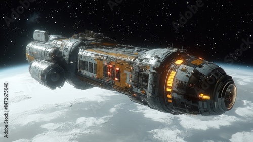 Fototapeta Naklejka Na Ścianę i Meble -  Long, futuristic spacecraft orbiting a planet.