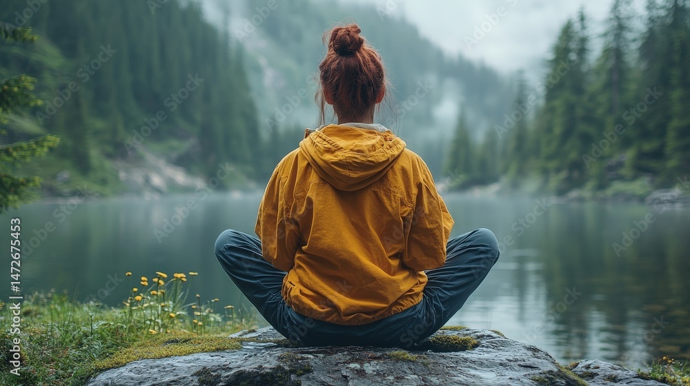 Woman meditating by a serene mountain lake. Woman meditating by a serene mountain lake.