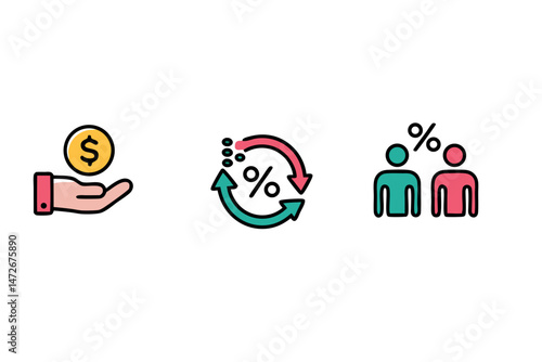 Financial concepts illustrated with colorful icons representing investments and percentages