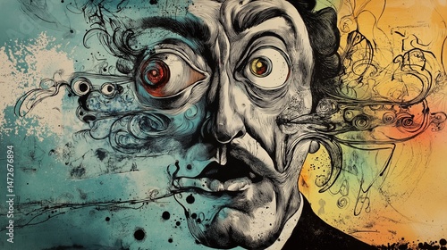 Expression of surrealism with a distorted face surrounded by abstract elements