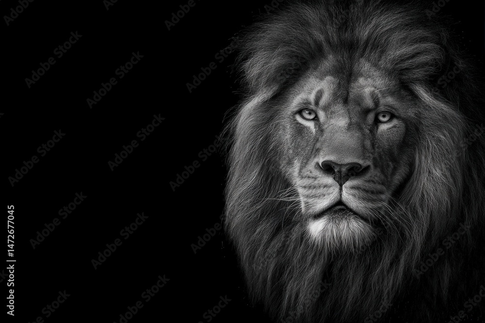 Naklejka premium Majestic lion portrait against a dark background.