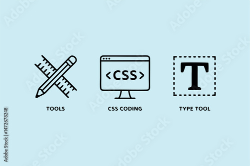 Web design and development tools vector illustration depicting css coding and typography elements.