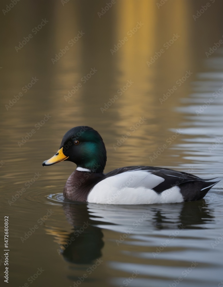 Male duck with vibrant green head and striking yellow bill glides gracefully across a calm water surface, reflecting natural beauty and serene environment Male duck with vibrant green head and striking yellow bill glides gracefully across a calm water surface, reflecting natural beauty and serene environment