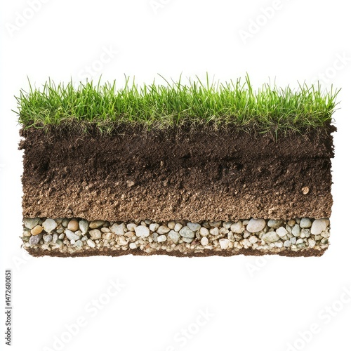 Cross-section of soil layers with grass.  Rich earth layered with gravel and stones, showing a top layer of healthy grass