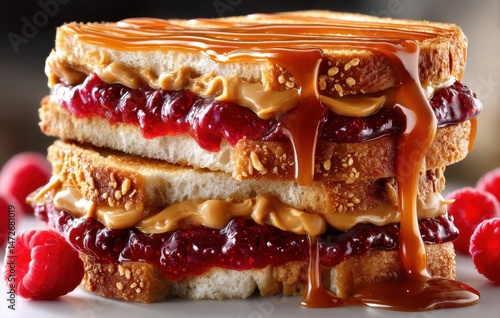 Delicious peanut butter and jelly sandwich with raspberry sauce dripping on toasted bread ideal for breakfast or snack time, with fresh raspberries on side