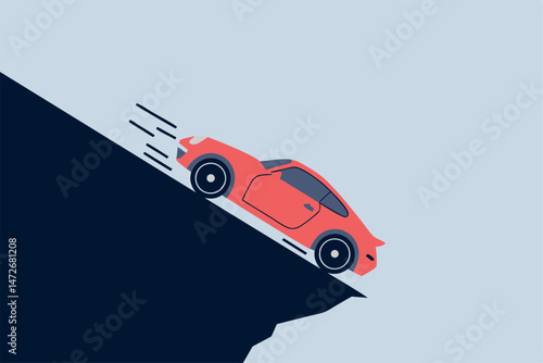 Red sports car speeding towards cliff edge with abstract minimalist illustration