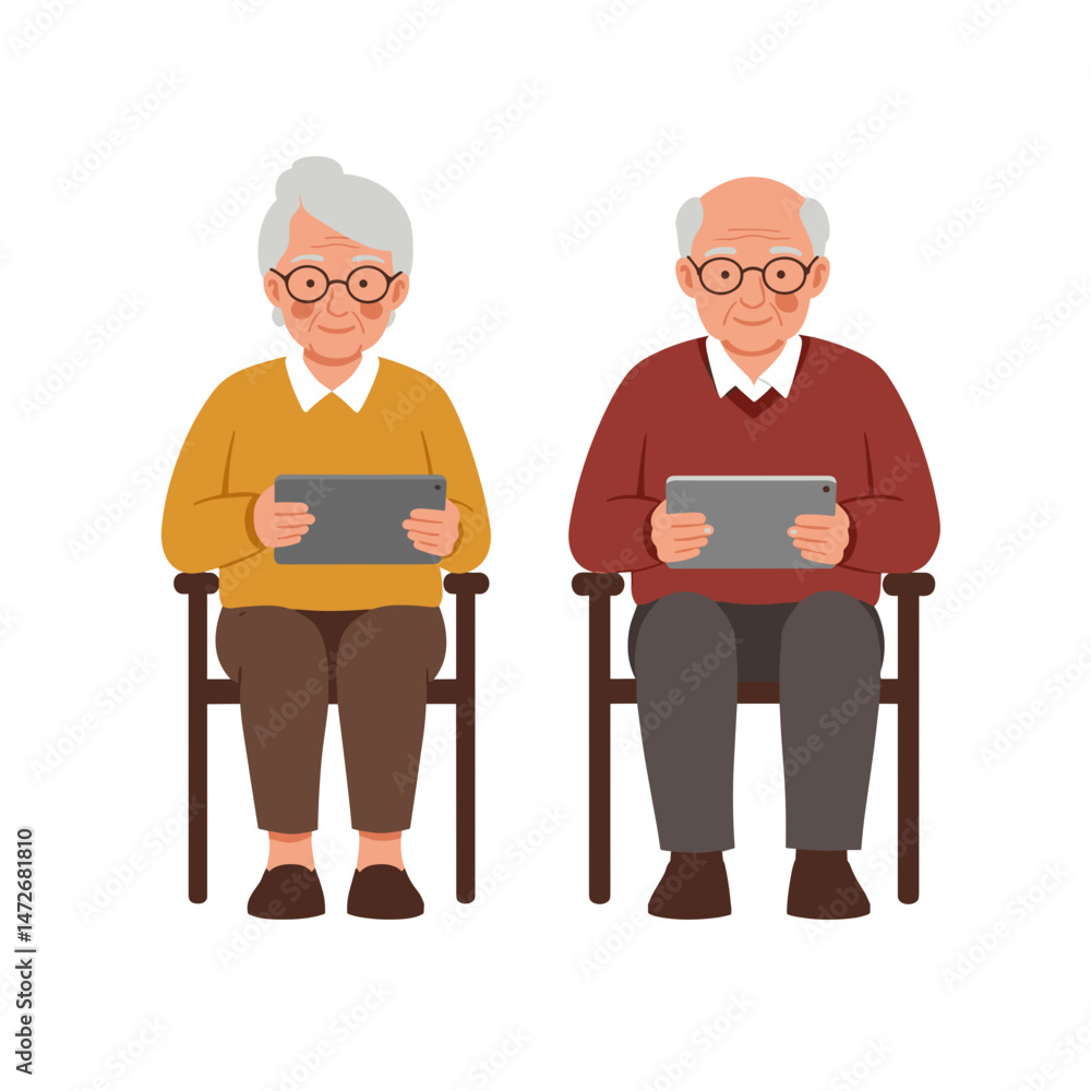 Elderly couple using tablets seated together in a cozy setting Elderly couple using tablets seated together in a cozy setting