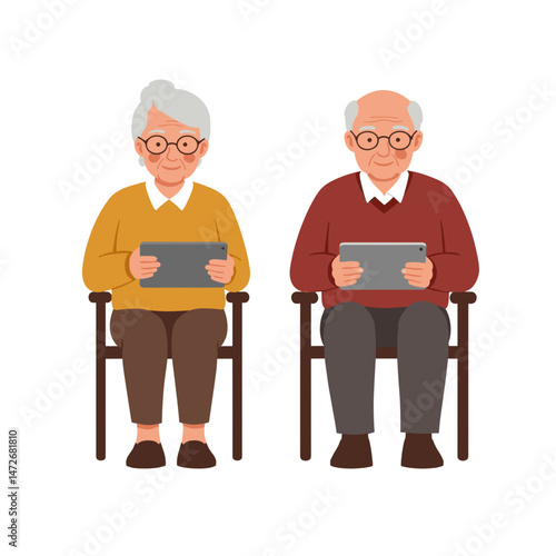 Elderly couple using tablets seated together in a cozy setting  