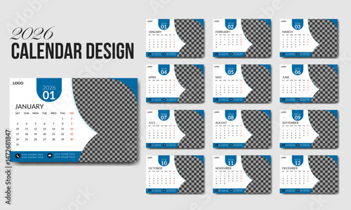 desk Calendar 2026 template minimalist, clean, and elegant Creative design page wall modern 12 month Corporate schedule Simple vertical Print Ready wall calendar design with creative shapes cool 
