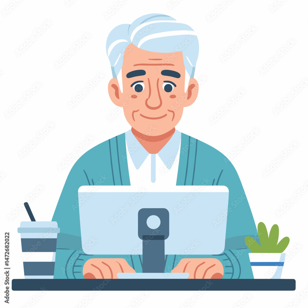 Smiling senior man using computer at home workspace Smiling senior man using computer at home workspace