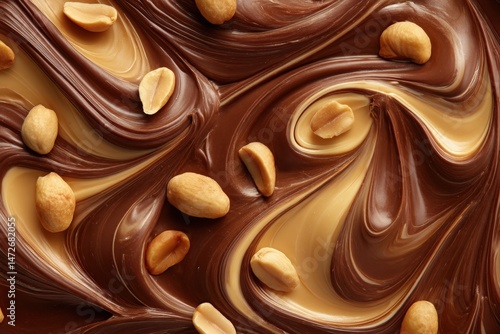 Smooth swirls of chocolate and peanut butter with scattered peanuts.