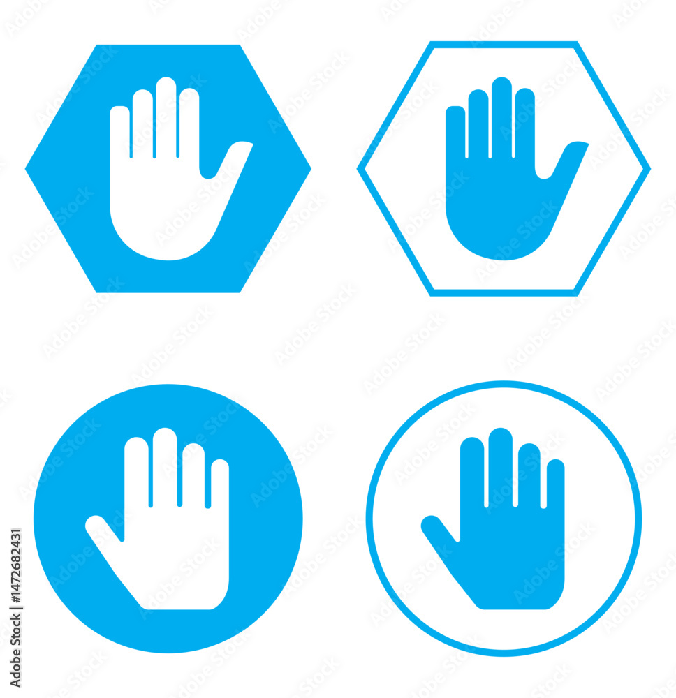 Raised hand icon symbolizing stop or interaction. Stop hand icon. Set of hand hello icons. Raised hand icon symbolizing stop or interaction. Stop hand icon. Set of hand hello icons.