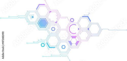 Hexagon pattern with circuit-like connection. Hexagonal shape mimicking fragment of abstract circuit board, for design on technological theme.