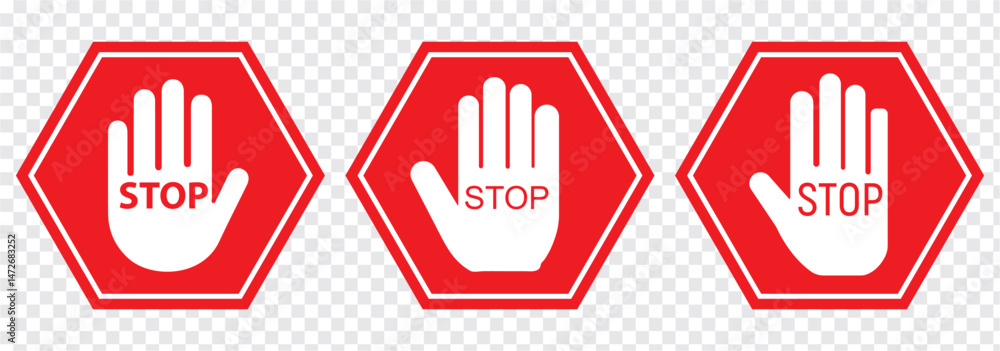 Set of Stop street icon collection. Stop hand sign with text. Red stop sign. Vector Illustration. Set of Stop street icon collection. Stop hand sign with text. Red stop sign. Vector Illustration.