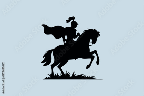 Silhouette of a knight on horseback wearing a cape ready for battle on light blue background