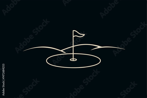 Minimalist golf green with flag and hills on a black background for sport and leisure