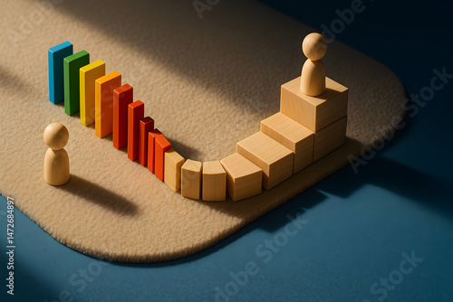 Wooden figure elevated on curved cubes bypasses a queue of colored dominoes,
symbolizing fast-track career movement, initiative, and leadership advantage,
set in soft natural light with a beige carpet