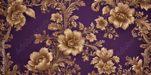 Intricate vintage floral pattern, deep purple cardstock, gold label , decorative, beautiful