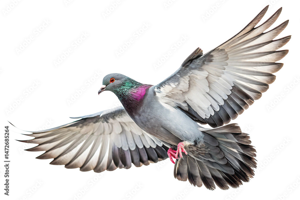 Obraz premium a pigeon in mid-flight with its wings spread wide, isolated on a white background