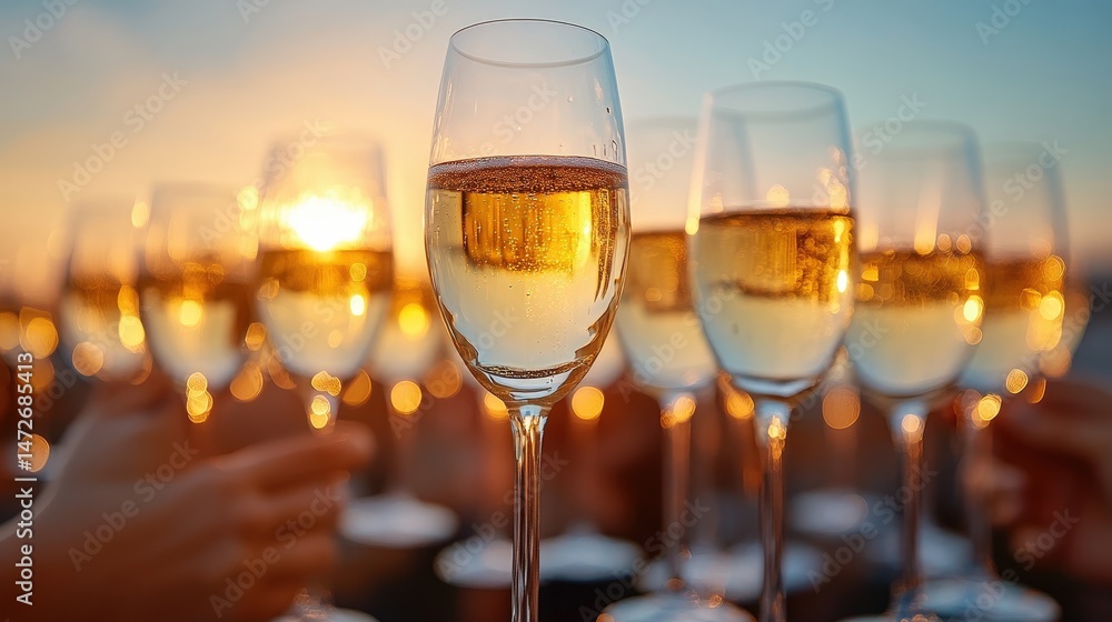 Obraz premium Sparkling wine glasses at sunset celebration.