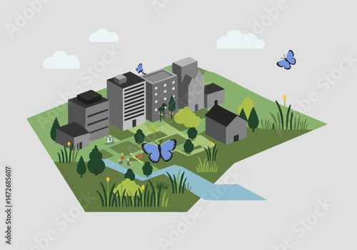 Isometric cityscape illustration featuring a butterfly habitat and blue butterflies amidst buildings and greenery. A visually appealing and informative design.