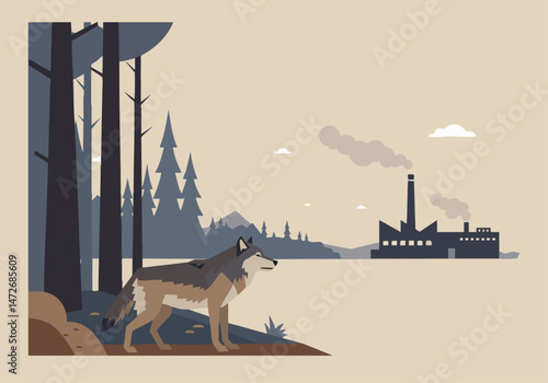 A lone Eastern wolf stands amidst a forest landscape, with an industrial smokestack in the background. Illustrative style, conveying a sense of conflict between nature and human encroachment.