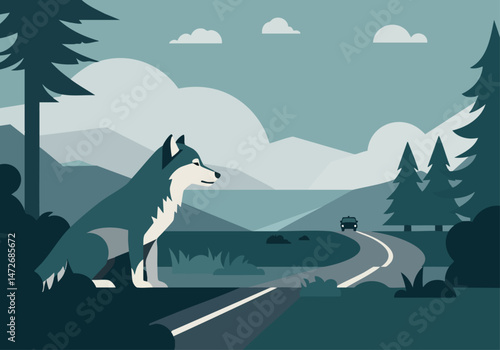 A majestic Eastern wolf surveys a winding road, symbolizing the conflict between wilderness and human encroachment. A subtle car adds scale and context.  Stylized illustration.