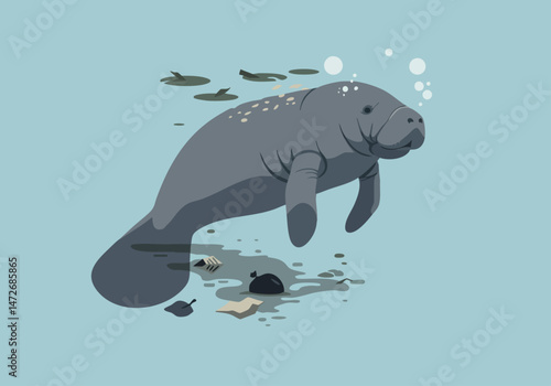 A stylized illustration depicts a Florida Manatee swimming in a waterway with visible pollution. Clean lines and soft colors create a visually appealing and informative design.