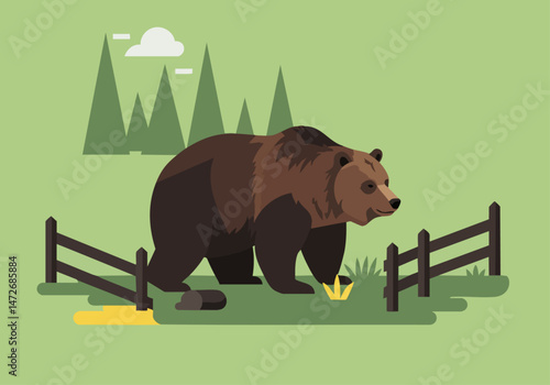 stylized illustration depicts a grizzly bear near a fence highlighting habitat fragmentation Clean lines muted colors and a simple composition create a visually appealing and informative graphic