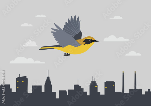 A vibrant Canadian warbler soars above a city skyline. Flat design illustration with a bright, stylized aesthetic. Perfect for travel, nature, or urban themes.