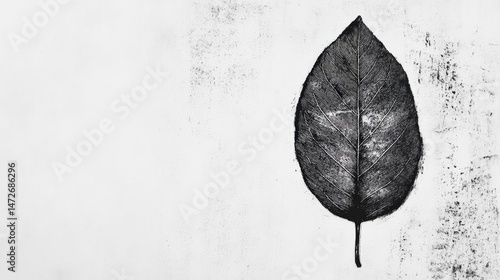 A bold inked print of a single leaf, sharp black lines on textured paper, minimalist art