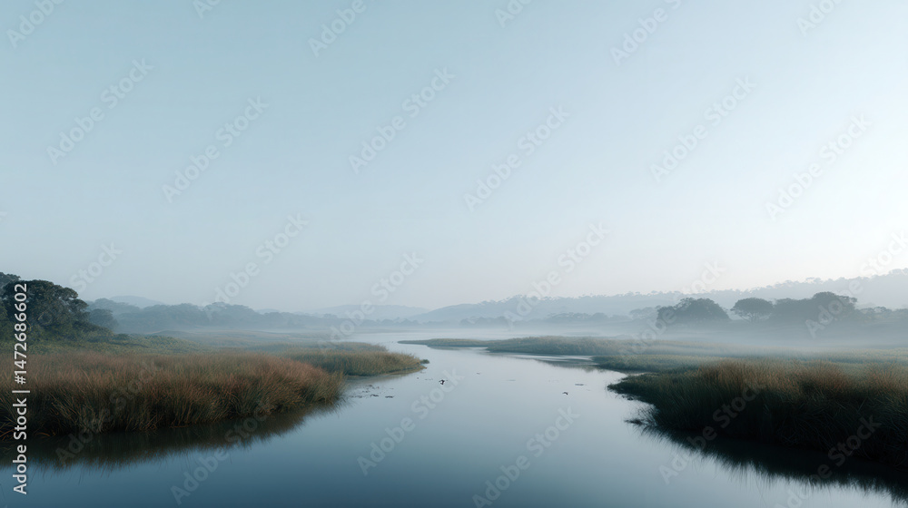 Fototapeta premium coastal wetland in el salvador with mist and fog showcasing natural symmetry
